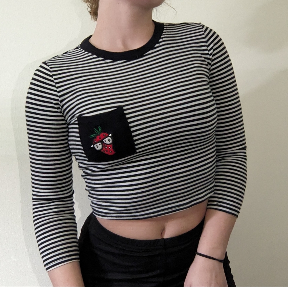 Forever21 striped crop top with strawberry embroidered pocket